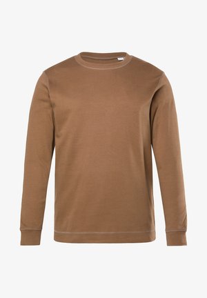 Chemise marron à manches longues en matière douce, avec un col rond, des coutures à plat et des poignets côtelés. Design simple sans motifs ni accents.