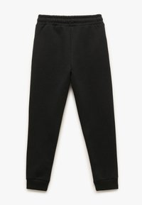 Schwarze Jogginghosen aus weichem, dehnbarem Material. Sie verfügen über einen elastischen Bund und eng anliegende Bündchen an den Knöcheln.
