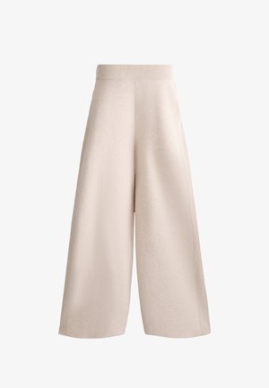 Beige Culotte-Hosen mit einem gerippten elastischen Bund, weicher Textur und Falten. Die lockere Silhouette reicht bis zur Mitte der Waden.