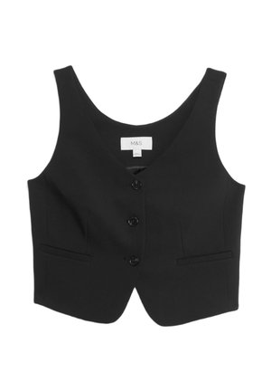 Svart ärmlös väst med en djup V-ringning, fem framknappar och två sidfickor; tillverkad av ett slätt, texturerat tyg. M&S etikett synlig.