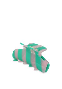 Fermaglio per capelli a righe verdi e rosa realizzato in plastica lucida, con un design curvo e numerosi dentini per una fissazione sicura.