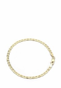 Náramok so zlatým odtieňom s prepojenými oválnymi článkami, hladkou textúrou a bezpečným zapínaním, navrhnutý pre elegantný vzhľad.