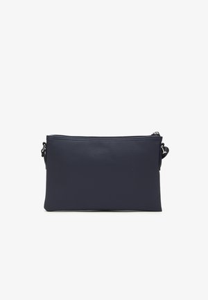 Clutch bag zip in blu navy realizzato in materiale testurizzato. Presenta una forma rettangolare piatta e una piccola tracolla staccabile.