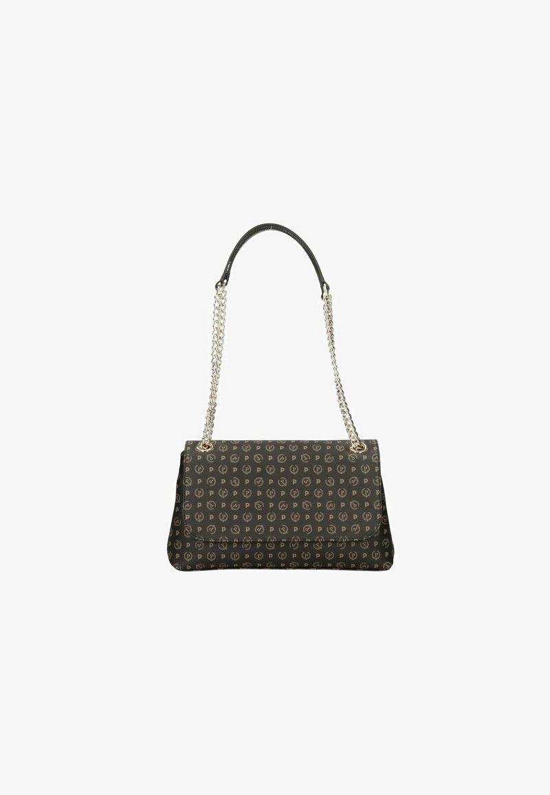 Borsa nera con catena e manico in pelle, caratterizzata da un motivo logo su tutta la superficie, forma rettangolare e texture liscia.