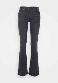 Jean en denim noir taille haute avec une jambe évasée, fermeture avant par bouton et fermeture éclair, et style cinq poches.
