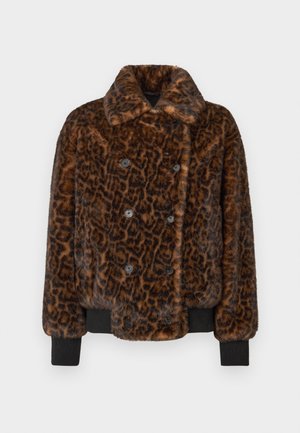 Veste en fourrure synthétique à imprimé léopard marron avec des boutons double boutonnage, un col et des poignets côtelés noirs. Fini texturé et doux.