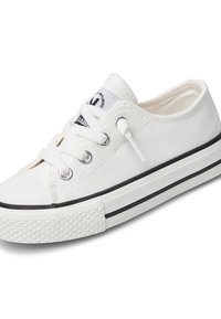 Białe trampki z płótna z gumowym noskiem, czarnym paskiem wzdłuż podeszwy i białymi sznurówkami. Teksturowana tkanina z metalowymi oczkami i metką marki.