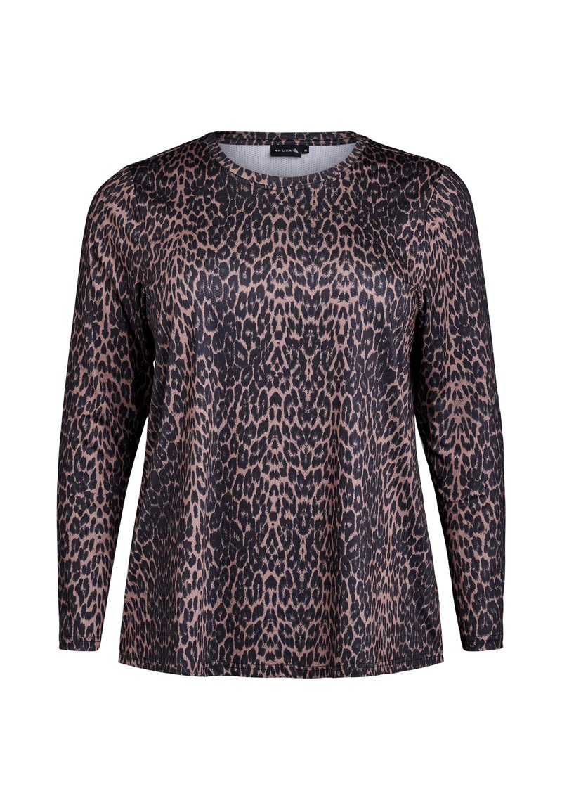 T-shirt à manches longues en noir avec un imprimé léopard rose. Il présente un col rond et une texture douce et lisse tout au long.