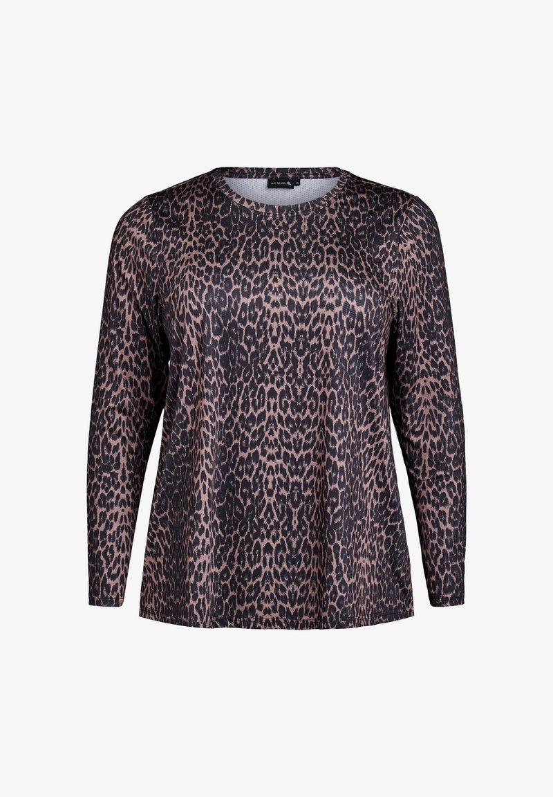 Långärmad topp i svart med ett rosa leopardmönster. Har en rundad halsringning och en mjuk, slät textur genom hela plagget.