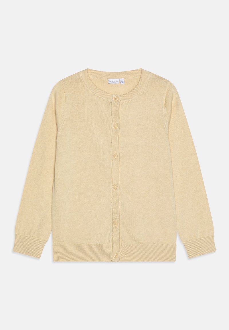 Lys gul cardigan, strikket stoff, rund hals, lange ermer, knappestolpe foran, ribbestrikkede mansjetter og nederkant, jevn tekstur.