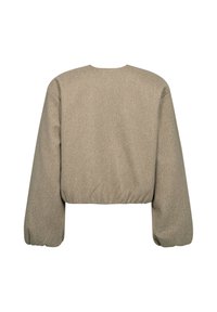 Brun kort sweatshirt med långa puffärmar, rund uringning och ett texturerat tyg, med en rynkad nederkant vid midjan.