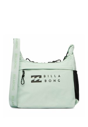 Sac bandoulière vert clair avec fermeture éclair noire, poche avant zippée, poche latérale en mesh et sangle réglable avec logo Billabong.