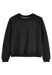 Schwarzes Sweatshirt mit Rundhalsausschnitt, Raglanärmeln, gerippten Bündchen und Saum. Hergestellt aus weichem Stoff mit glatter Textur.