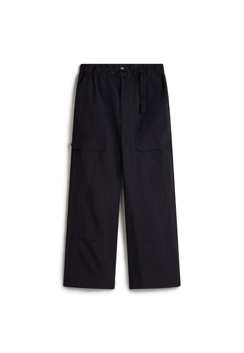 Pantalones cargo negros con una cintura elástica, cinturón ajustable y dos bolsillos laterales. Hechos de una tela ligera y texturizada.
