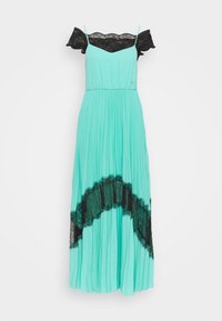 Vestido largo color verde azulado con mangas de encaje negro sin hombros y un detalle de encaje en el dobladillo. Tela plisada, ligera, con tirantes ajustables.