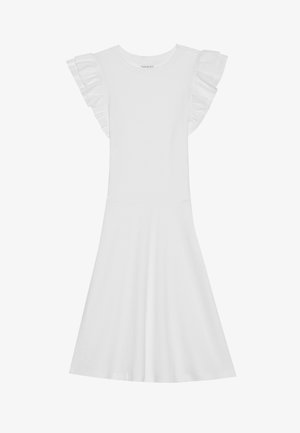 Hvit bomullskjole med korte volangermer, rund halslinning og utsvingt skjørt. Glatt tekstur og enkel design.