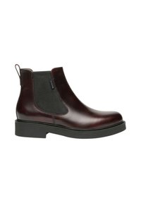 Stivale Chelsea in pelle bordeaux con pannelli laterali elastici, linguetta, suola nera robusta e finitura liscia con dettagli di cucitura minimi.