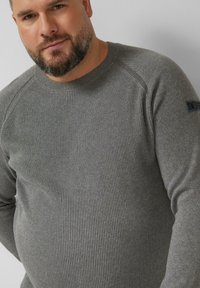 Szary prążkowany sweter z okrągłym dekoltem, długimi raglanowymi rękawami oraz małą naszywką z logo na lewym ramieniu. Miękka tekstura.