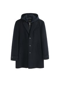 Mörkblå ullrock med avtagbar huva, enkelknäppt design, två framfickor och knäppning vid ärmsluten. Har ett innerfoder med dragkedja.