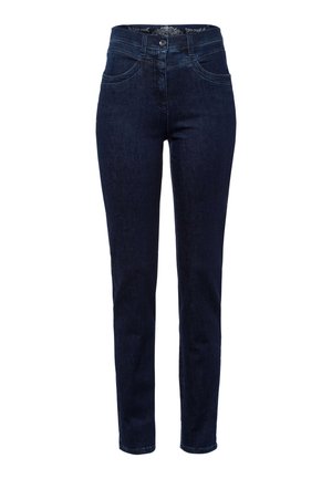 Jeans in denim blu scuro con vita alta, vestibilità slim, design a cinque tasche e dettagli di cucitura discreti lungo le tasche e le cuciture.