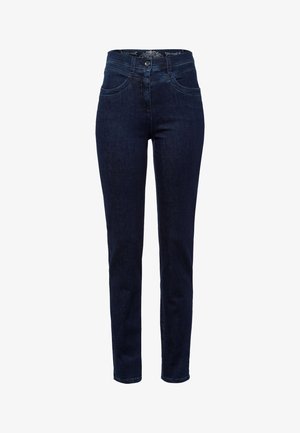 Jeans in denim blu scuro con vita alta, vestibilità slim, design a cinque tasche e dettagli di cucitura discreti lungo le tasche e le cuciture.