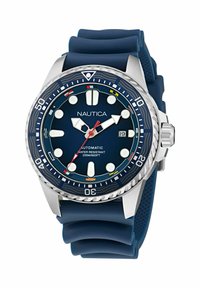 Nautica automatické hodinky s oceľovým puzdrom, modrým ciferníkom, luminiscenčnými značkami, zobrazením dátumu a námorným gumeným remienkom, vodotesné do hĺbky 200 m.