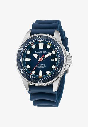 Montre automatique Nautica avec boîtier en acier inoxydable, cadran bleu, marqueurs luminescents, affichage de la date et bracelet en caoutchouc bleu marine, étanche jusqu'à 200m.