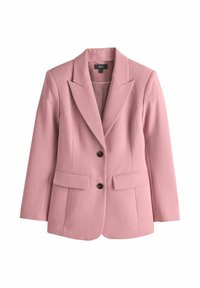 Lichtroze blazer met een getailleerd ontwerp, reverskraag, twee voorzakken en twee zwarte knopen, gemaakt van een gestructureerde stof.