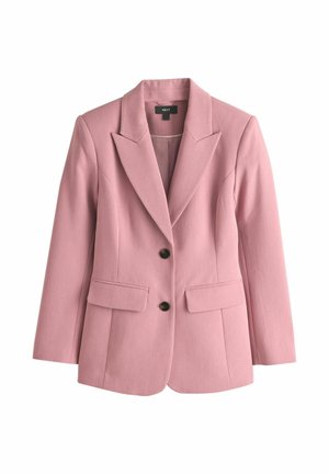 Pale pink blazer with a tailored design, notch lapels, two front pockets, and two black buttons, made from a textured fabric.