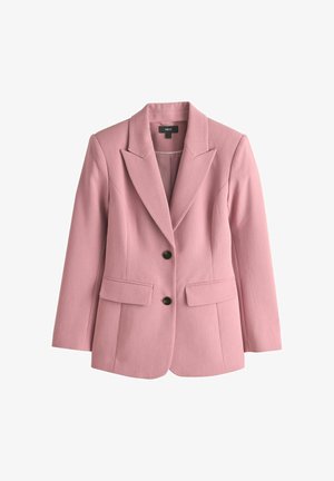 Gaiši rozā žakete ar piegriezuma dizainu, izgriezuma atloku apkakli, divām priekšējām kabatām un divām melnām pogām, izgatavota no teksturēta auduma.