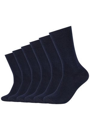 Marineblaue Baumwollsocken, glatte Textur, bis zur Hälfte der Waden, gerippte Bündchen, Set aus sechs, einheitliches Design, keine sichtbaren Muster oder Akzente.