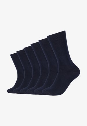 Calze di cotone blu navy, texture liscia, lunghezza fino al polpaccio, con risvolti a coste, set di sei, design uniforme, senza motivi o accenti visibili.