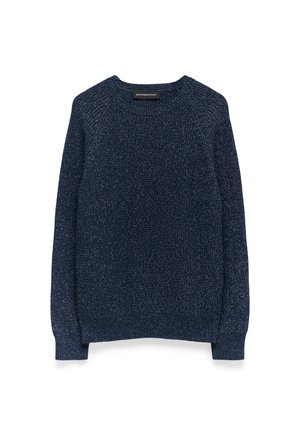 Dunkelblauem gestrickter Pullover mit strukturiertem Finish, rundem Ausschnitt und langen Ärmeln. Verfügt über Raglan-Schultern für eine lässige Passform.