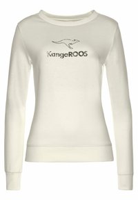 Weißer Langarm-Sweatshirt mit Bootsausschnitt; zeigt eine Känguru-Grafik und den Text "KangaROOS" in Schwarz. Weicher Jersey-Stoff; gerippte Bündchen.