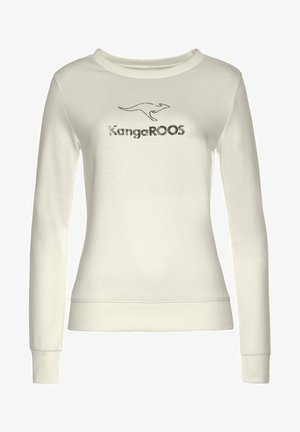 White long-sleeve sweatshirt with boat neck; features a kangaroo graphic and the text "KangaROOS" in black. Soft jersey fabric; ribbed cuffs.