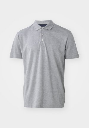 Light gray polo shirt made of cotton blend. Features a classic collar, three-button placket, and short sleeves with a textured finish.