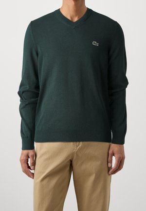 Mand iført en mørkegrøn V-hals sweater med en lille krokodillelogo på brystet og beige bukser mod en ensfarvet baggrund.