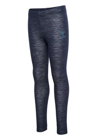 Marineblauwe leggings van een gestructureerde stof met een subtiel gemêleerd patroon. Voorzien van een elastische tailleband en een klein logo aan de linkerkant.