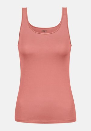 Pink tank top with a scoop neckline and thin straps, made from a smooth fabric with a simple design and no visible patterns or accents.