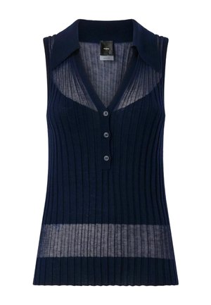 Mouwloos marineblauw geribd gebreid topje met een kraag, drie knopen aan de voorkant en een halfdoorzichtige horizontale streep vlakbij de zoom.