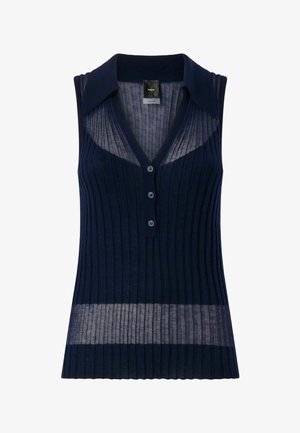 Mouwloos marineblauw geribd gebreid topje met een kraag, drie knopen aan de voorkant en een halfdoorzichtige horizontale streep vlakbij de zoom.