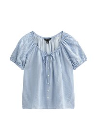 Lichtblauwe gestreepte blouse met pofmouwen, een ronde halslijn en trekkoorddetail. Bevat knopen aan de voorkant en heeft een zachte textuur.