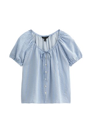 Lichtblauwe gestreepte blouse met pofmouwen, een ronde halslijn en trekkoorddetail. Bevat knopen aan de voorkant en heeft een zachte textuur.