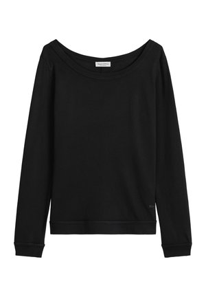 Chemise noire à manches longues avec un large col rond, des poignets côtelés et un petit logo de la marque près de l'ourlet inférieur.