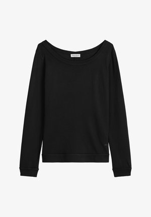 Chemise noire à manches longues avec un large col rond, des poignets côtelés et un petit logo de la marque près de l'ourlet inférieur.