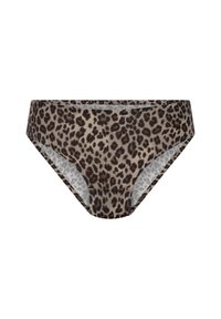 Slip de bikini pour femme avec un motif léopard marron et noir, présenté sur un fond blanc.