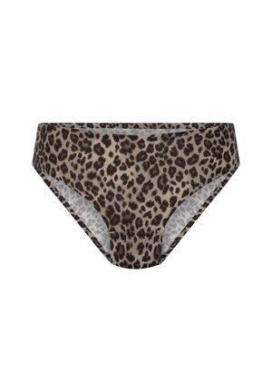 Dames bikini slip met een bruin en zwart luipaardprintpatroon, weergegeven tegen een witte achtergrond.