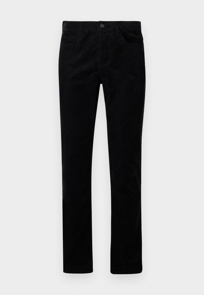 Black corduroy pants with a straight-leg design, featuring front pockets and a metal button closure. Soft texture with vertical ribbing.