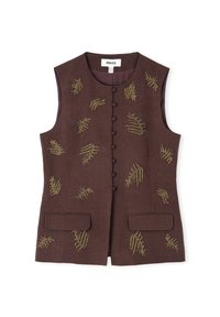 Bruine mouwloze vest met kleine voorzakken, voorzien van gouden kralenborduursels in bladvormen en een rij met stof beklede knopen.