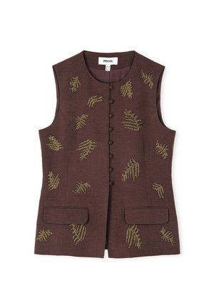 Gilet sans manches marron avec de petites poches avant, présentant une broderie en perles dorées en motifs de feuilles et une rangée de boutons recouverts de tissu.